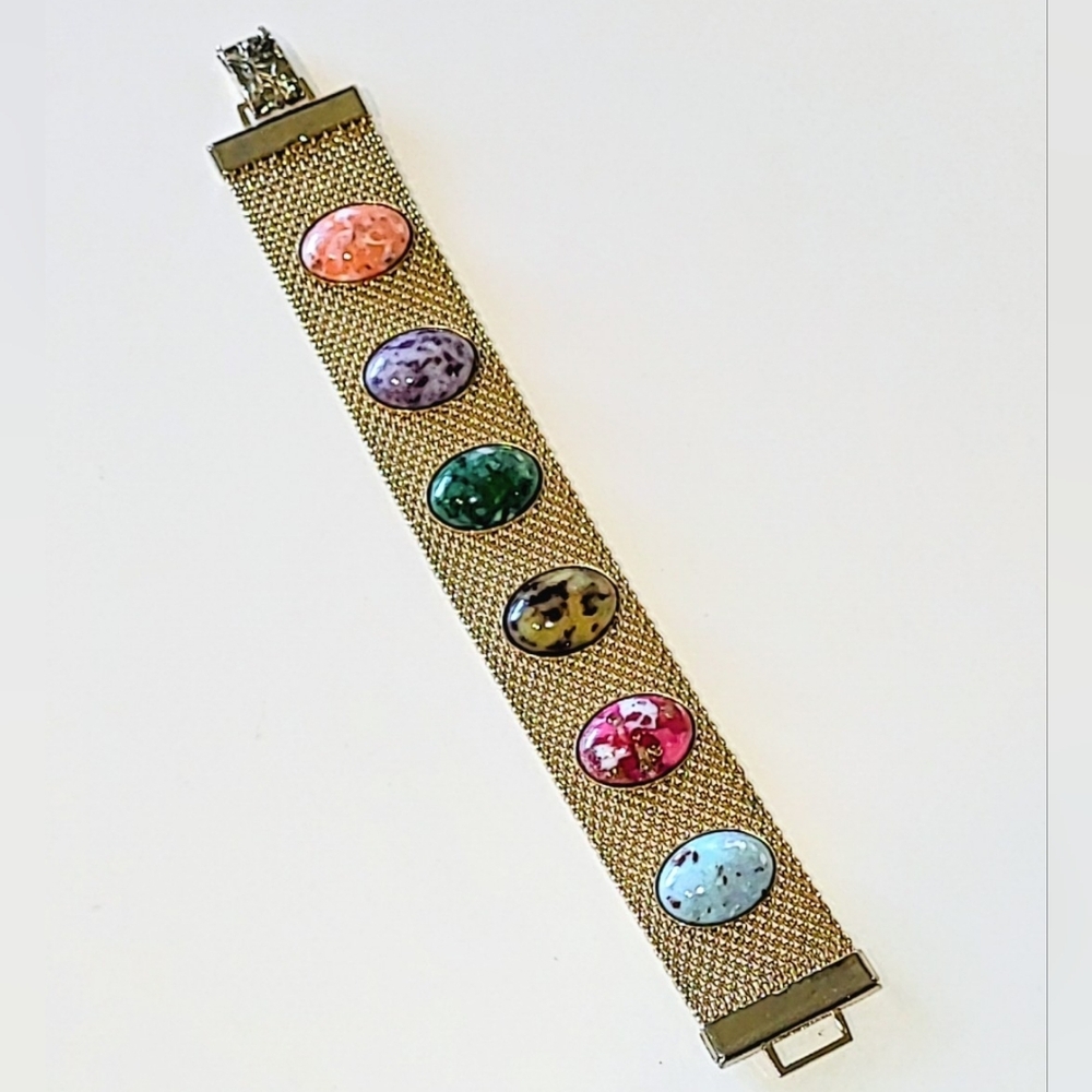 Sarah Coventry Multicolor Cabochon Gold Mesh Bracelet